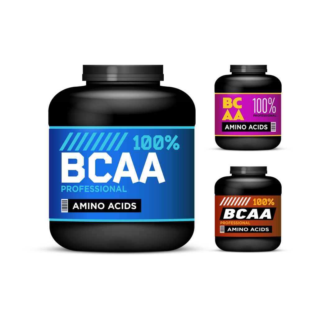 Sport Nutrition Containers. Branched-Chain Amino Acids set. Black cans collection with BCAA. Jar label on white background. Vector product packaging