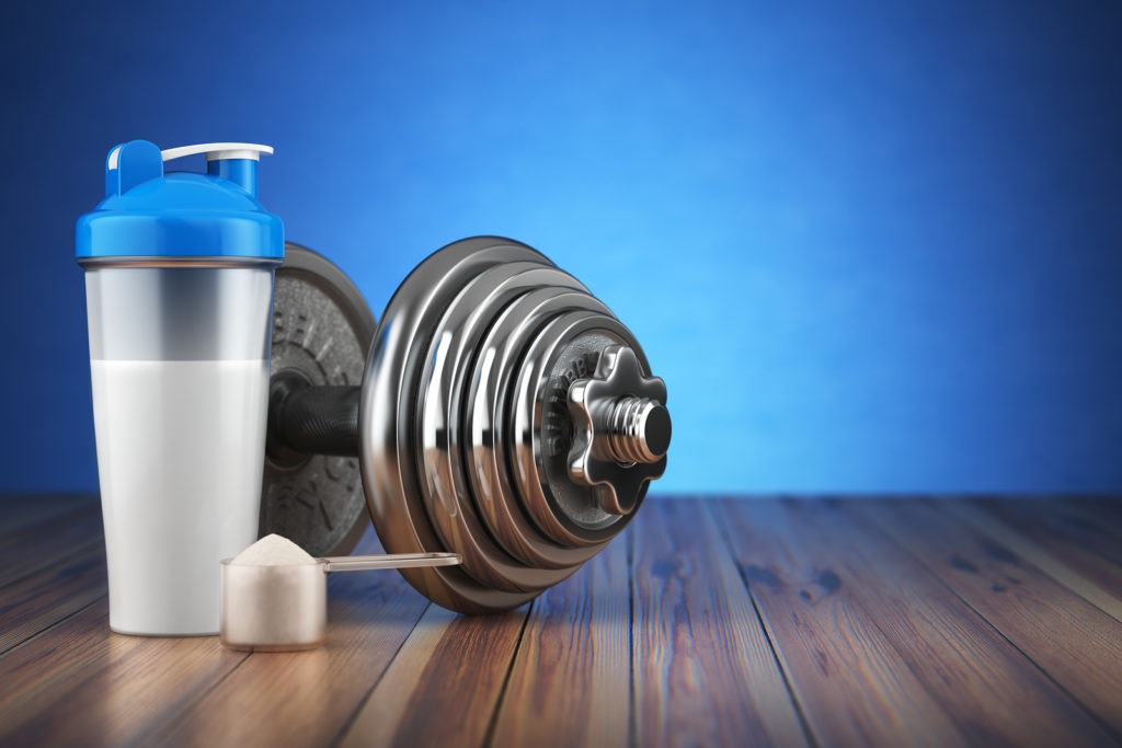 Dumbbell and whey protein shaker. Sports bodybuilding supplements or nutrition. Fitness or healthy lifestyle concept. 3d illustration