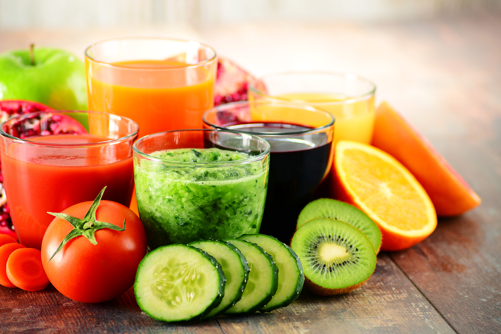 Glasses of fresh organic vegetable and fruit juices. Detox diet. 