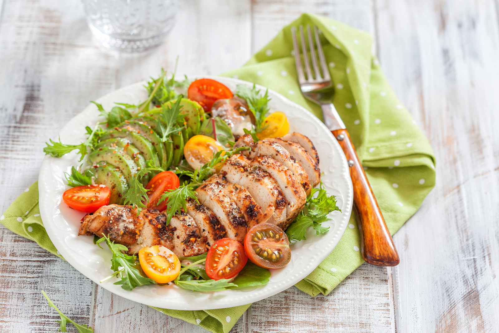Sample Ketogenic Diet Meal Plan - Healthy food. Salad plate with colorful tomatoes, chicken breast and avocado
